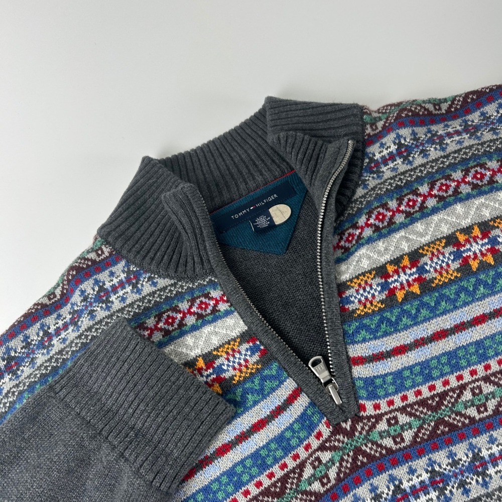 Tommy Hilfiger Mens L Gray Fair Isle 1/4 Zip Sweater Christmas Mock Neck Boho